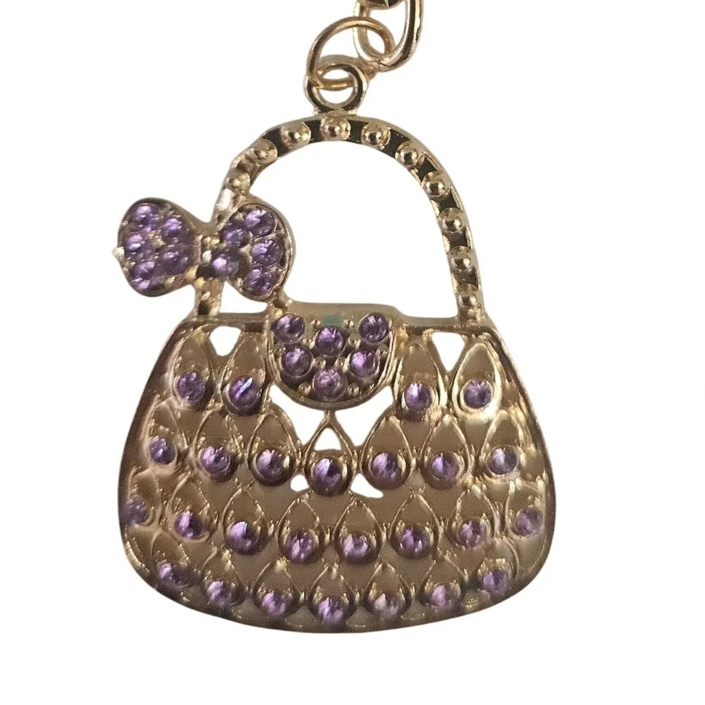 Gold Tone Purse Handbag Charm Keychain Purple Rhinestones Bow Accent‎ Women